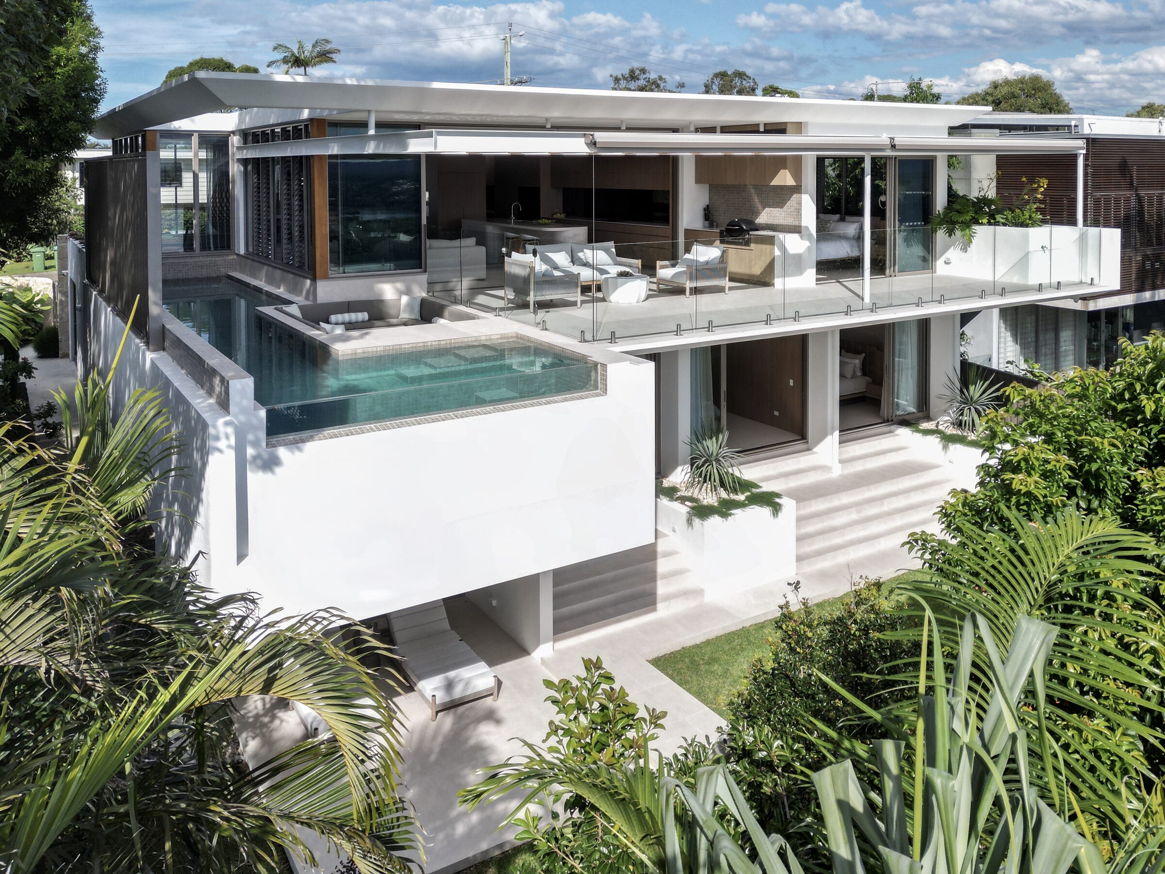 Allambi Terrace — aerial view, pool and rear elevation
