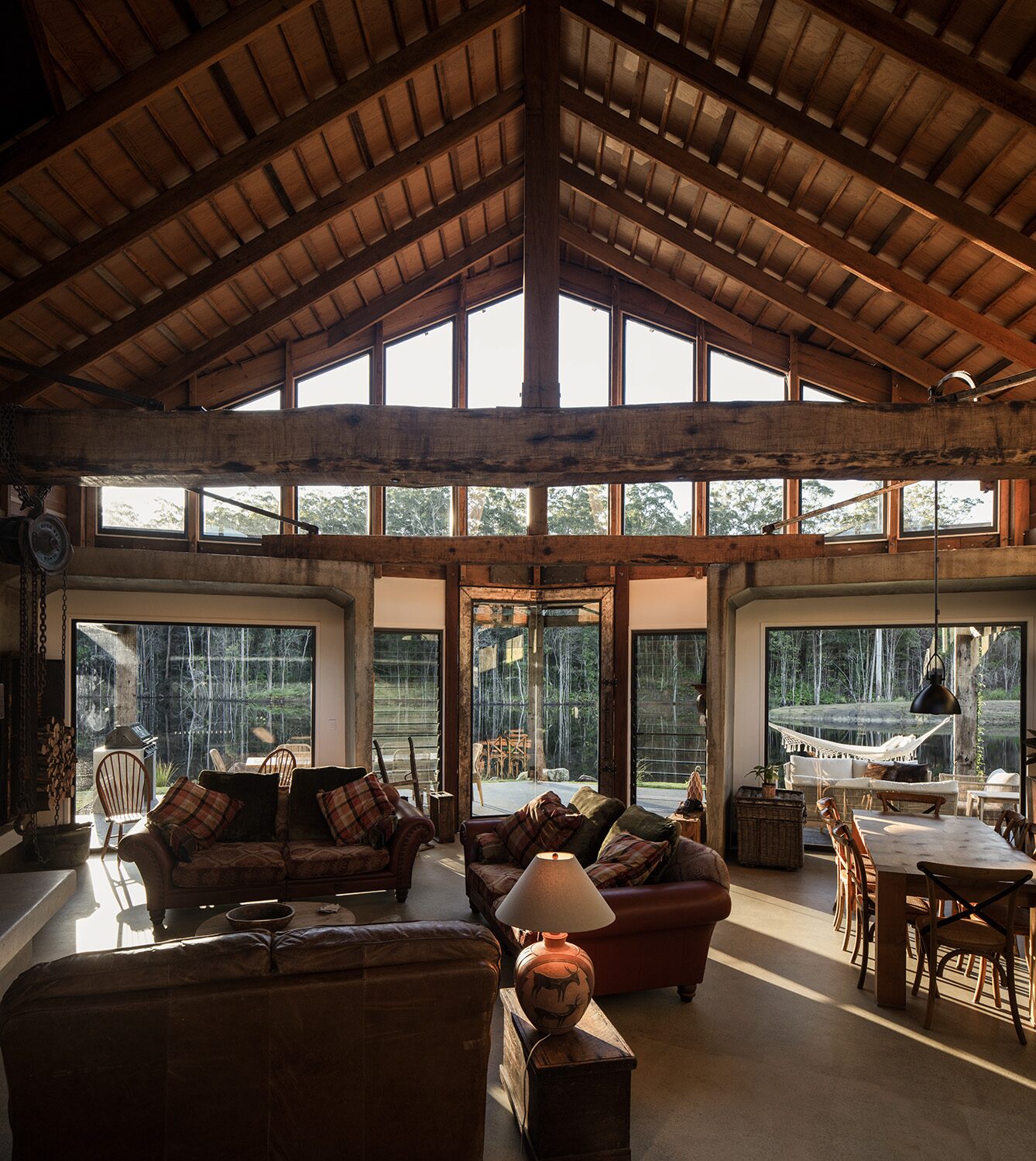 Arrowwood Acres — living room, golden hour and dam view