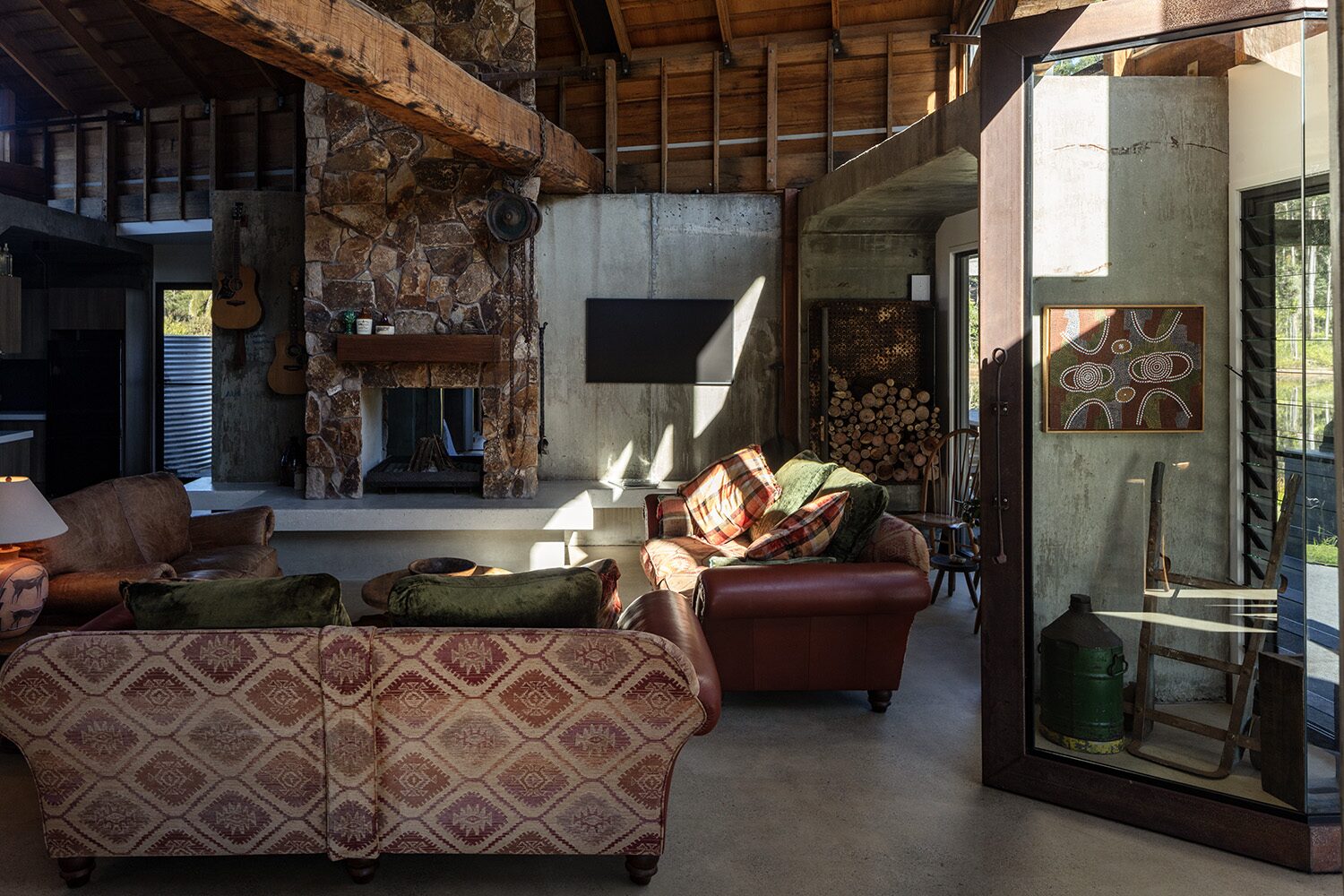Arrowwood Acres — living room, stone fireplace