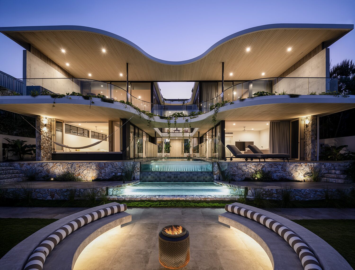 Netherby Rise — dusk, wave roof rear facade and pool