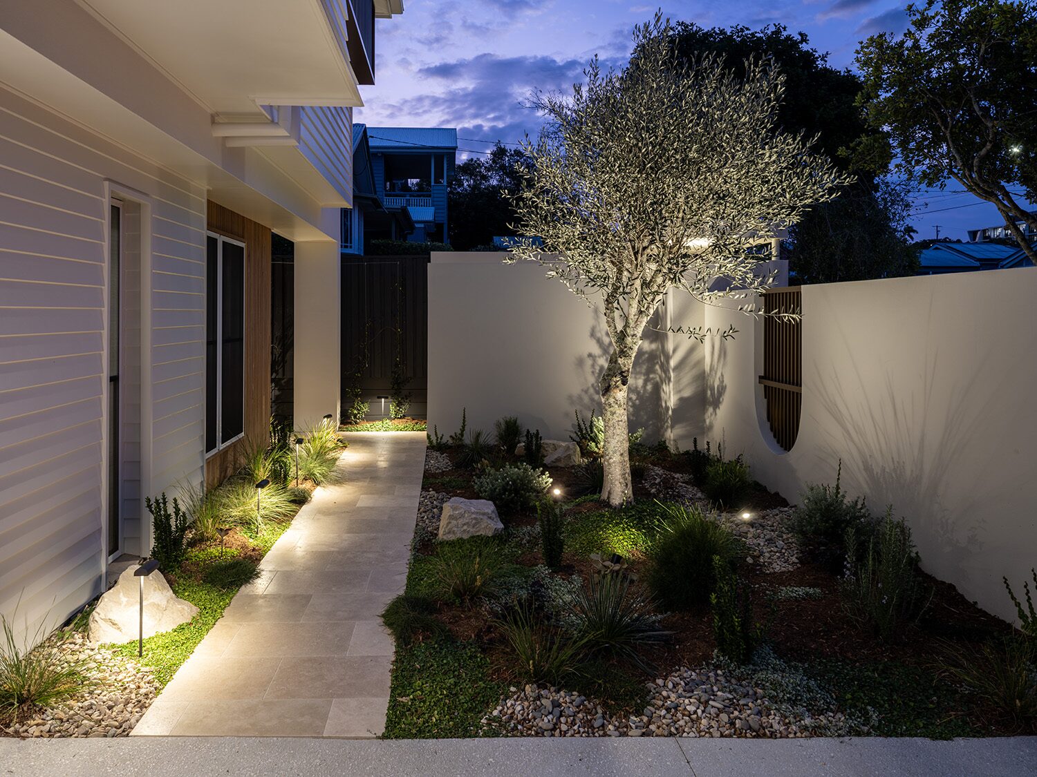 Pelham — garden path and entry at dusk