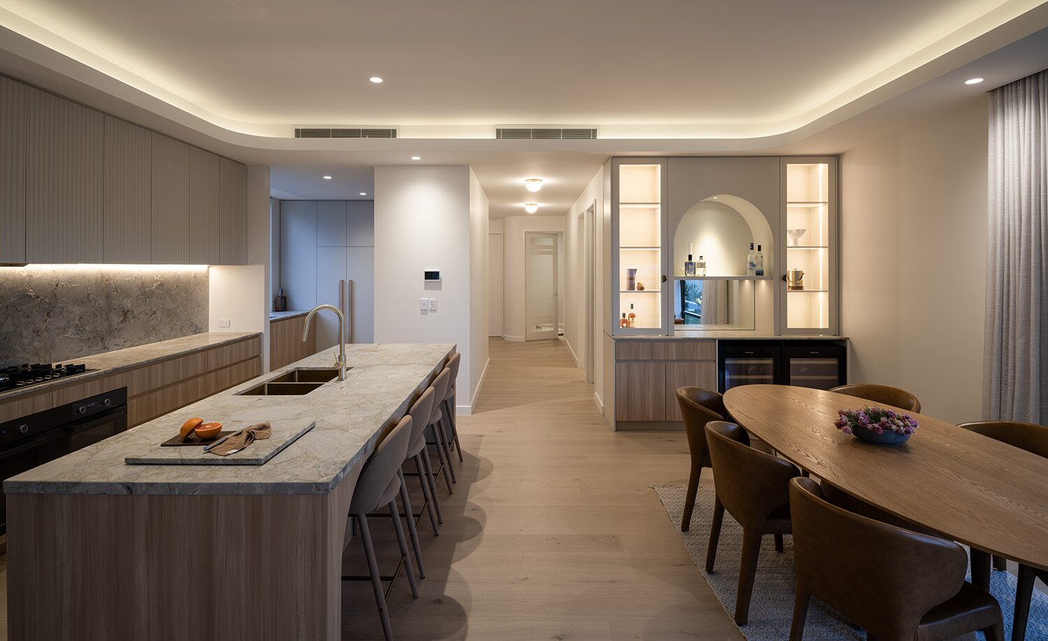 Pelham — kitchen and dining at dusk