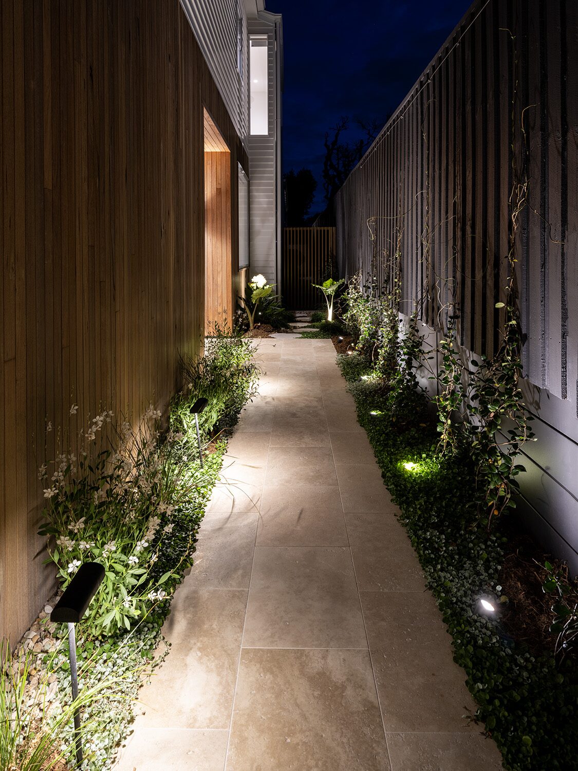 Pelham — side walkway at dusk
