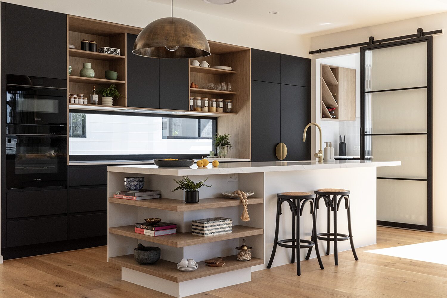 Vantage — kitchen island and open shelving